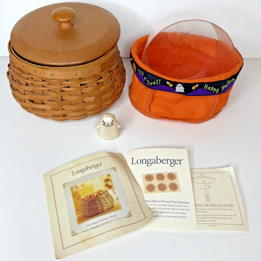 Longaberger 2004 Happy Halloween Candy Basket Lid Ghost Knob Liner Protector